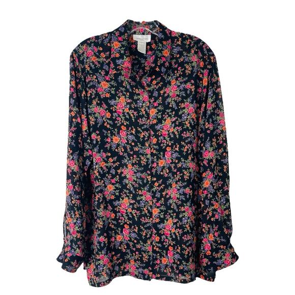 Vintage black pink orange floral chiffon button front blouse top large - Picture 1 of 6